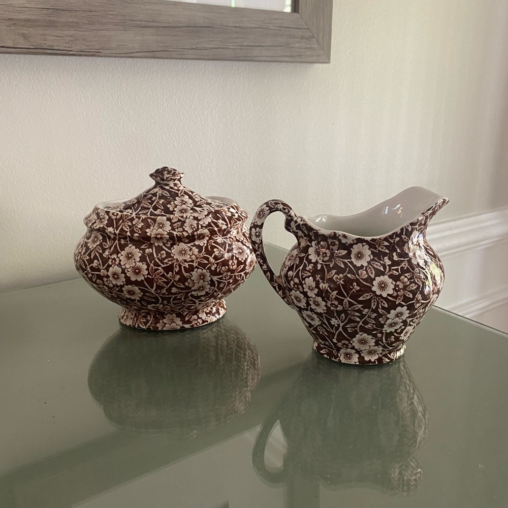 Crownford Staffordshire Calico Brown Covered Sugar Bowl and Creamer Set